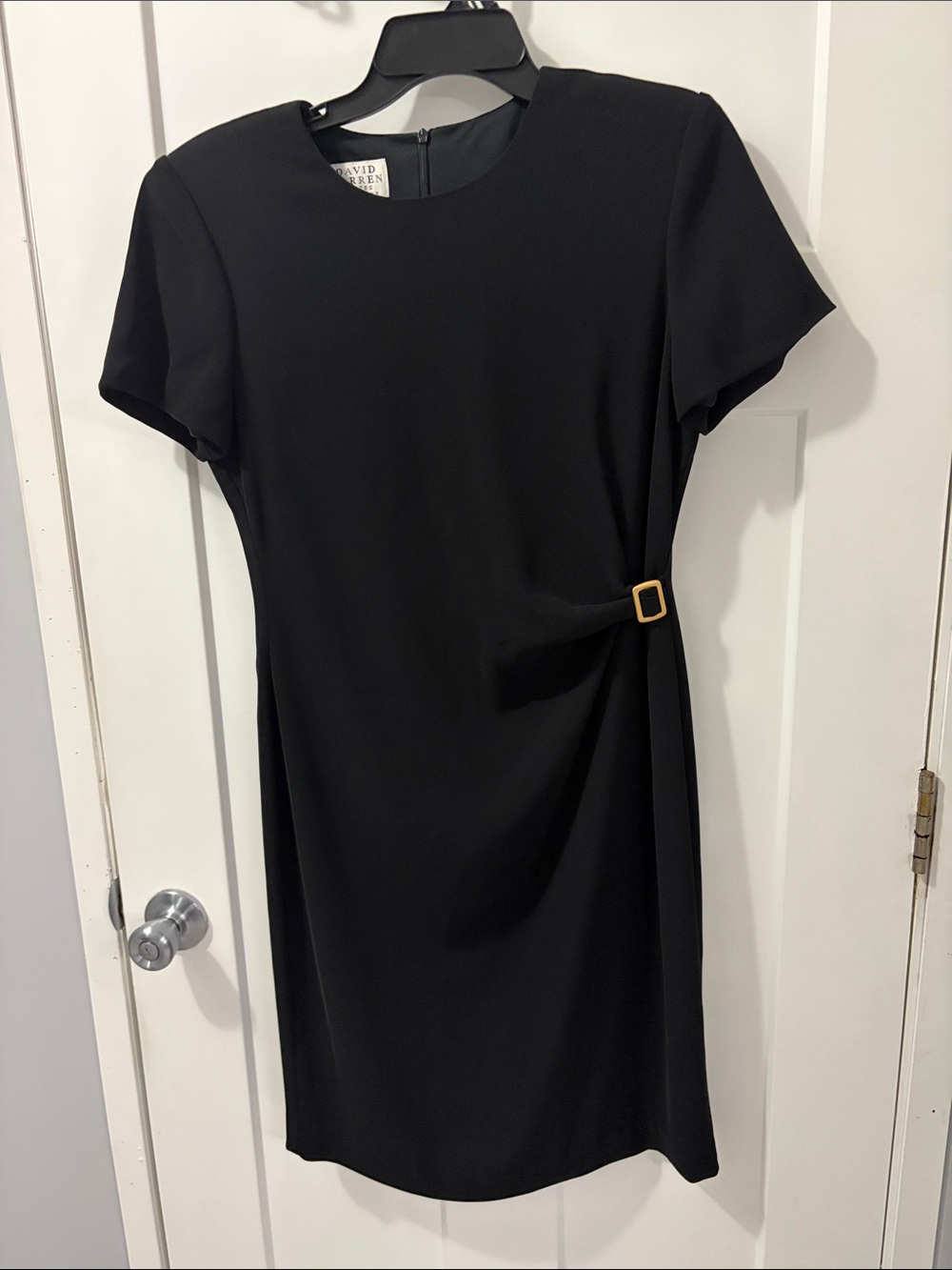 David Warren Black Short-Sleeve Midi Sheath Dress with Side Buckle